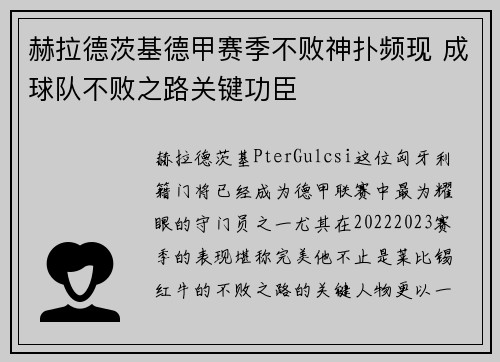 赫拉德茨基德甲赛季不败神扑频现 成球队不败之路关键功臣 赫拉德茨基德甲赛季不败神扑频现 成球队不败之路关键功臣